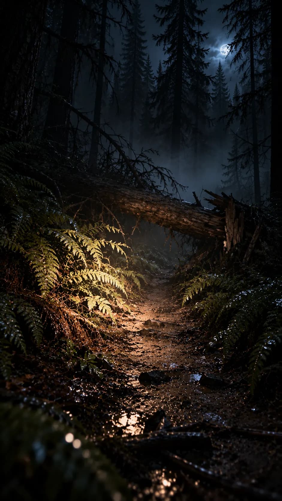 A narrow trail between tall firs, lit by a flashlight in the fog