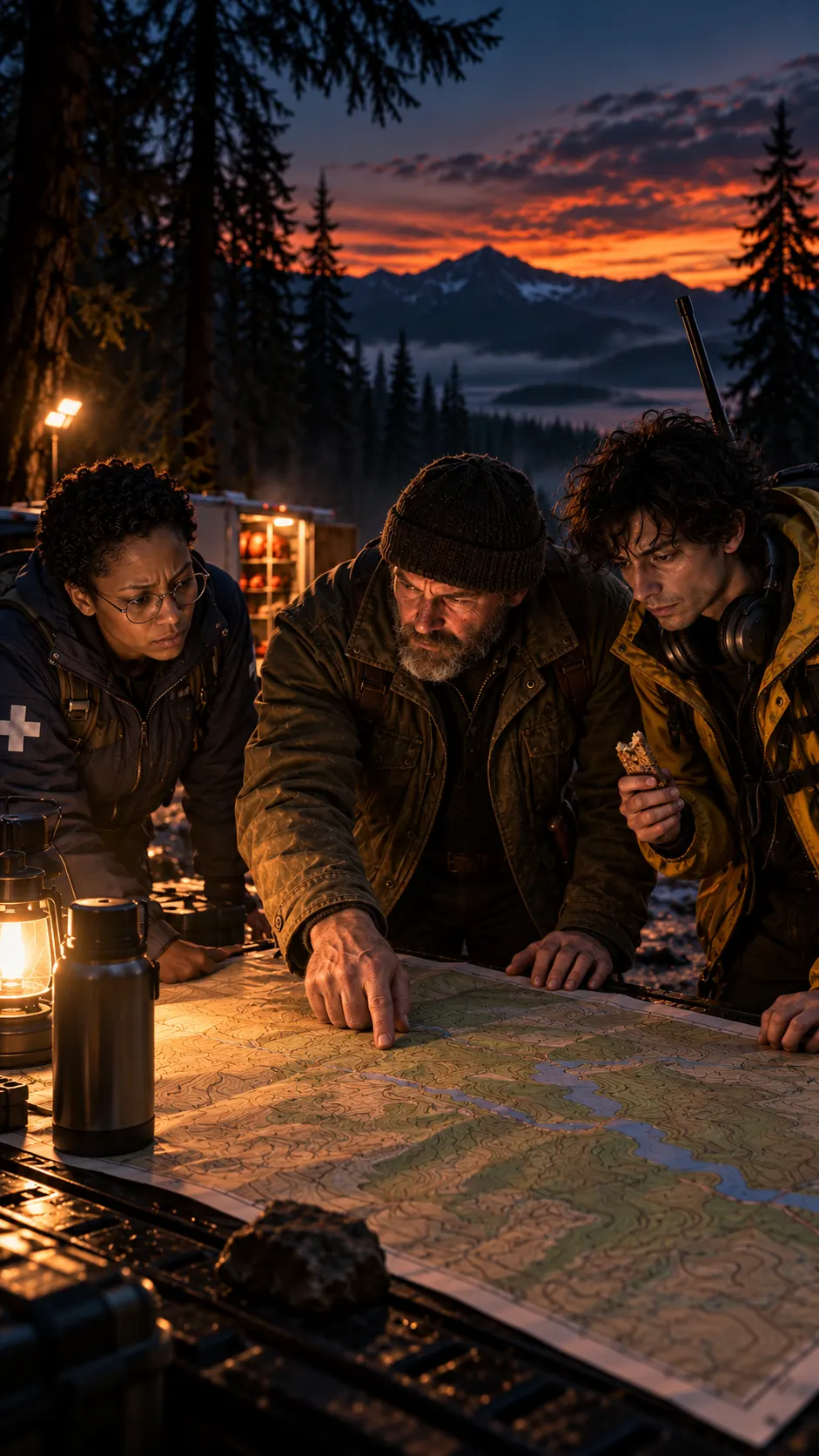The team bends over a map on a folding table at dusk, a lantern beside it