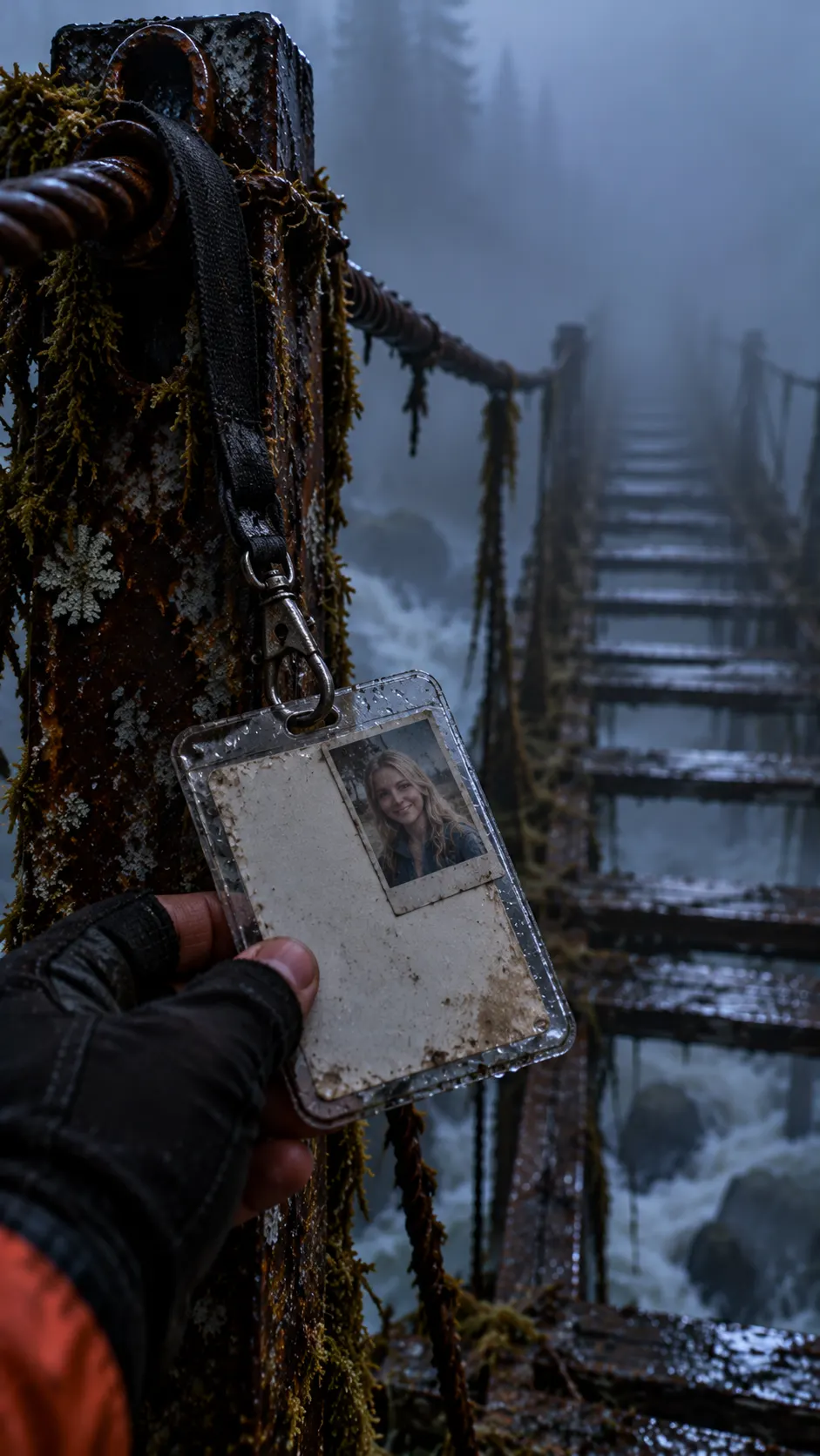 A press badge on a lanyard hangs from a mossy bridge post above white water