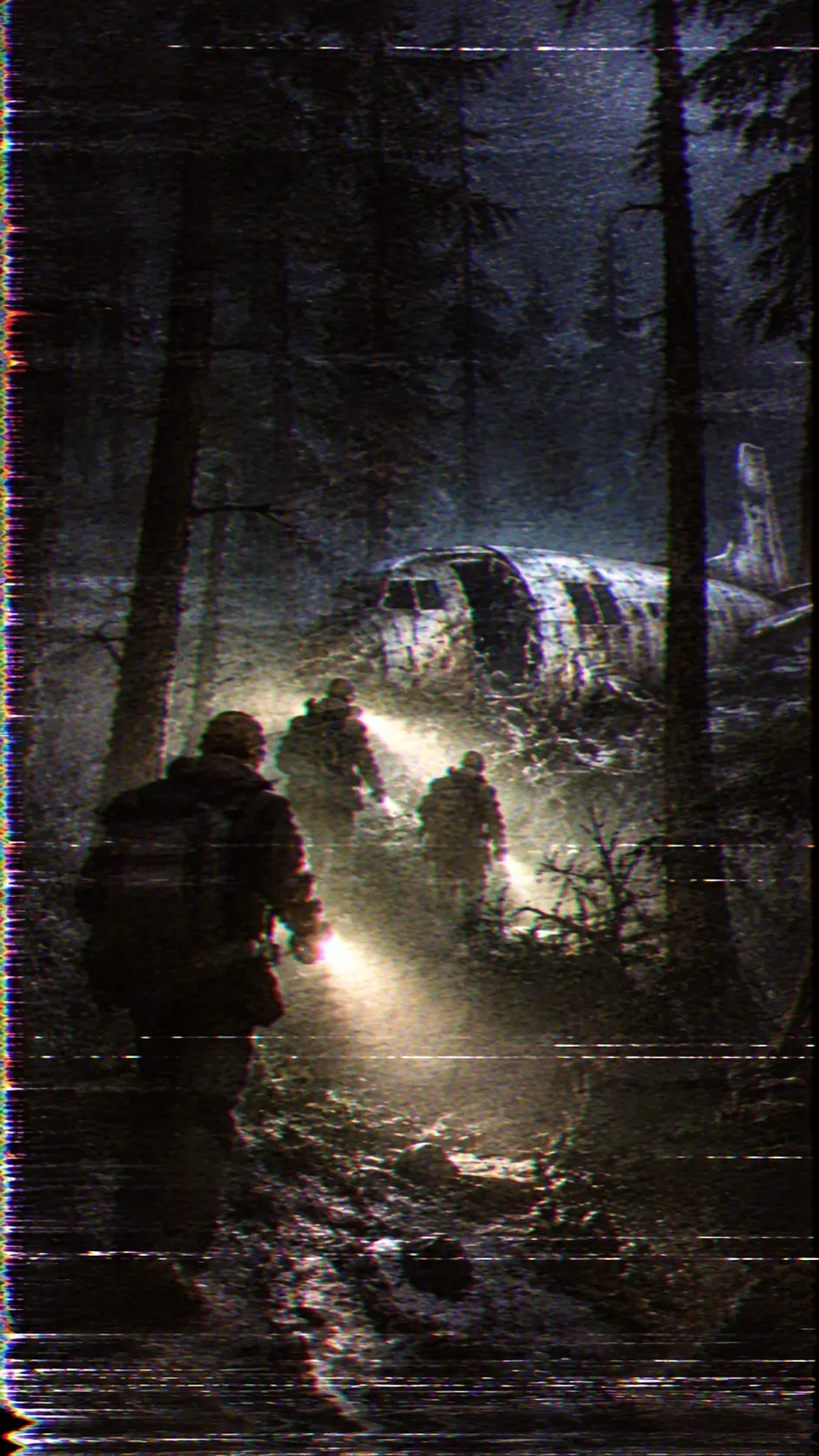 Grainy 1983 footage: rescuers with flashlights near a wreck in the forest