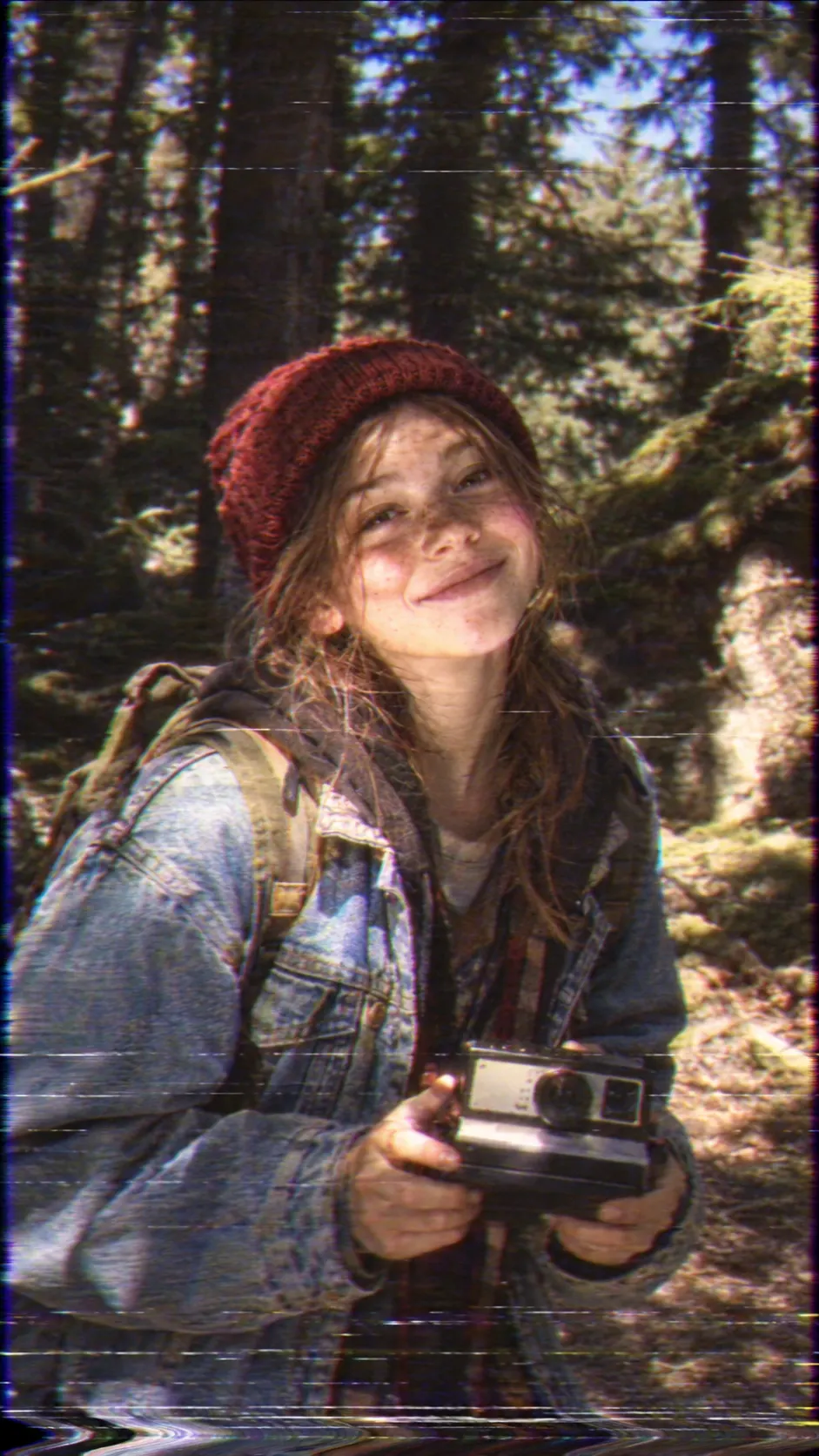 A home-video still of a smiling girl in a red beanie